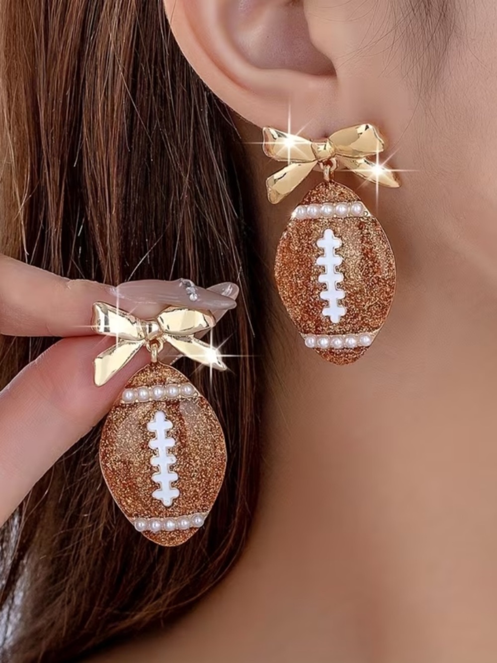Gold Bow Brown Glitter Football Drop Earrings NIP